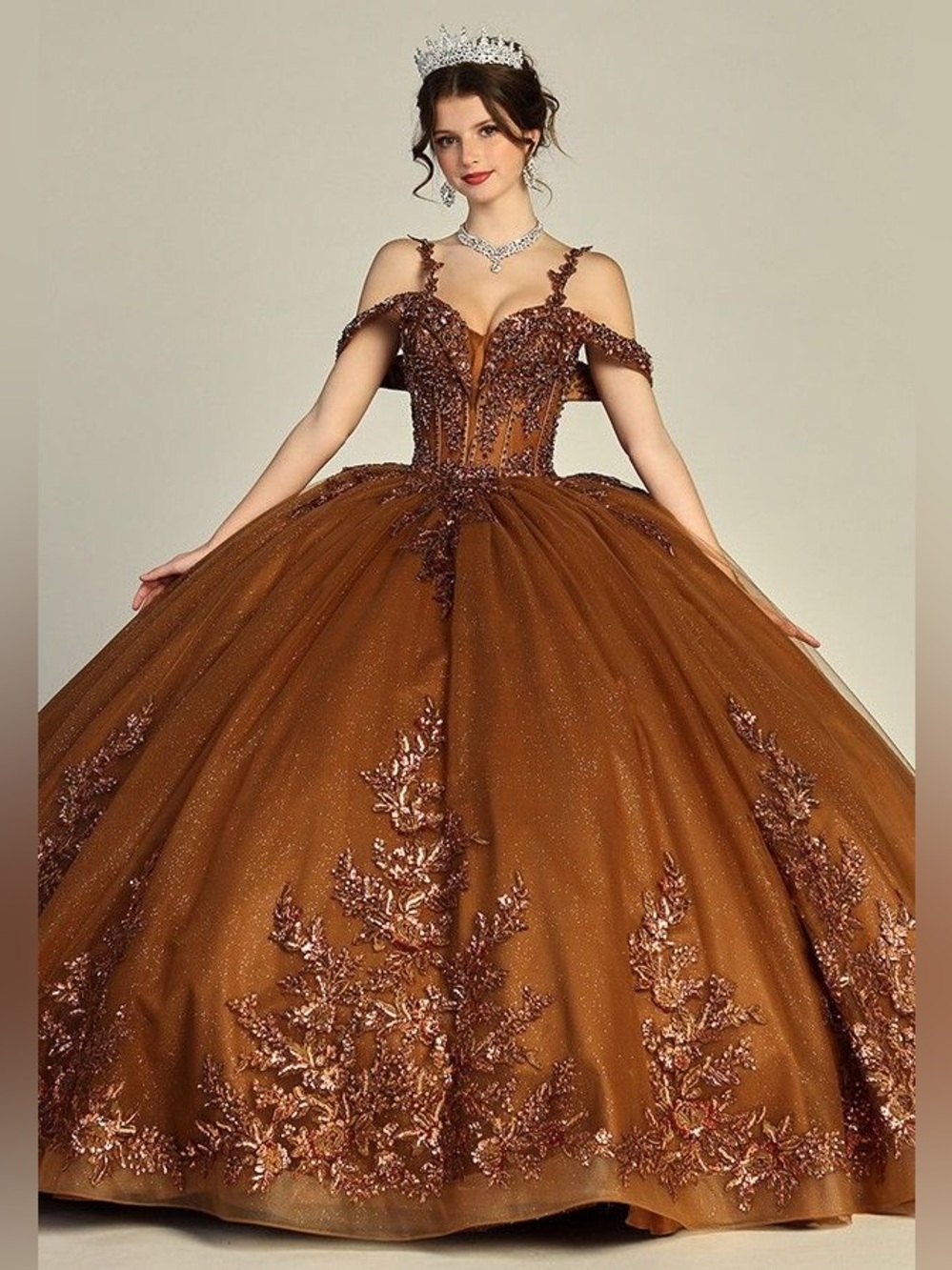 Quinceañera Off-Shoulder Copper Brown Ball Gown Dress
